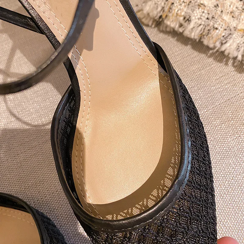 

Sexy Elegant Lace Mesh Sandals for Women Closed Toe Net Shoes 33-43 Ladies Point Toe Thin High Heels Party Shoes Spring Summer
