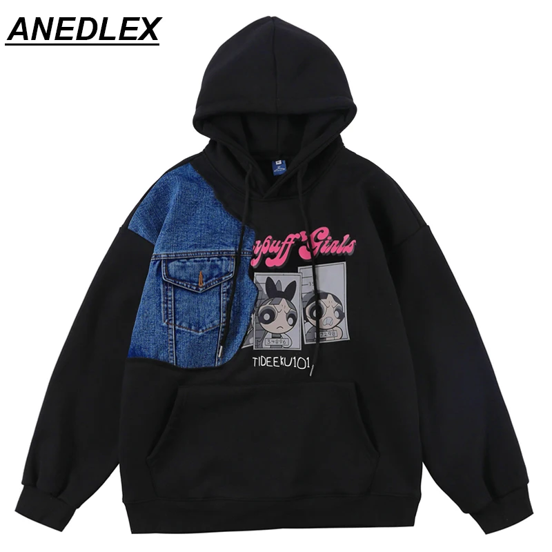 

Men Hip Hop Streetwear Sweatshirt Japanese Cartoon Denim Stitching Pullover 2021 Winter Harajuku Cotton Fleece Hooded Hoodie New