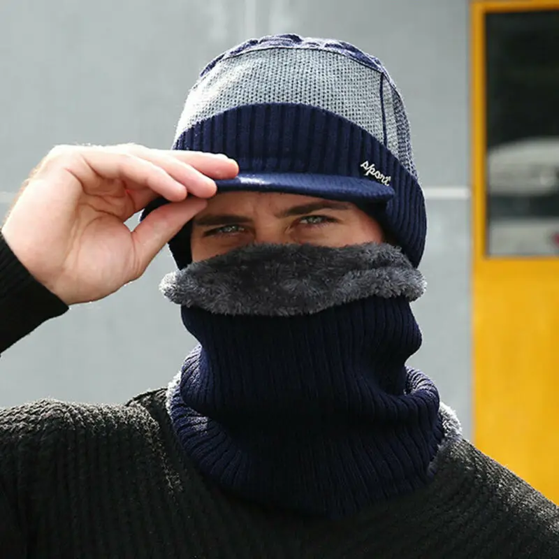 Men Winter Warm Hat Knit Visor Beanie 