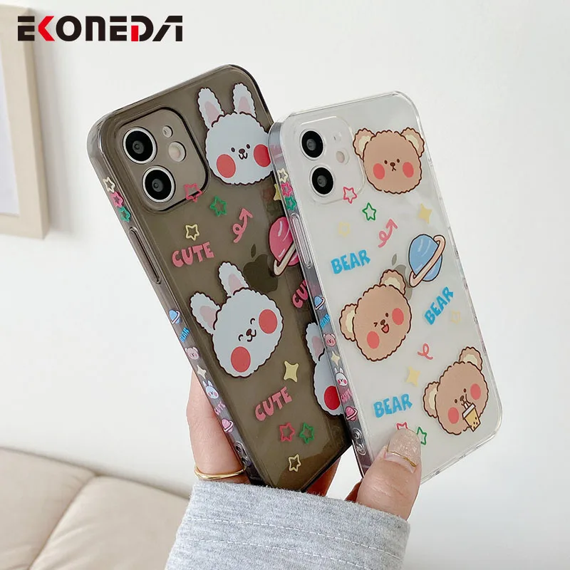 

EKONEDA Protective Phone Case For iPhone 11 12 Pro XS Max XR X 7 8 Plus Case Silicone Cartoon Space Bear Rabbit TPU Back Cover