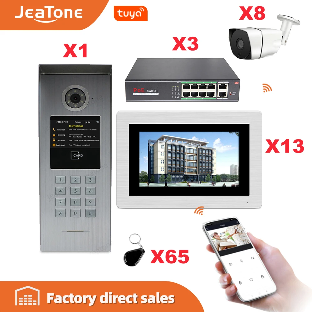 Видеодомофон Jeatone 7 ''Tuya Wi Fi IP для большого здания + POE переключатель 1to13 система