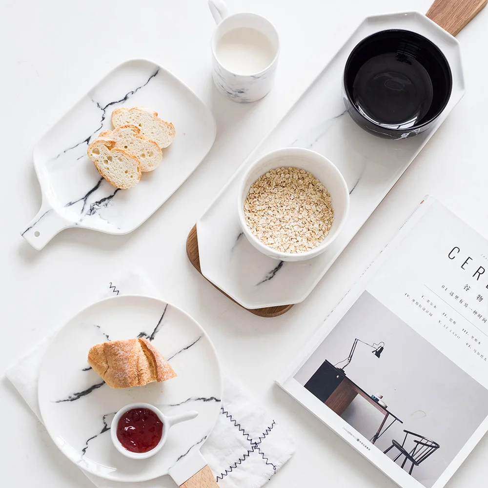 Marble pattern rectangular round porcelain platter ceramic dinner plate with handle | Дом и сад