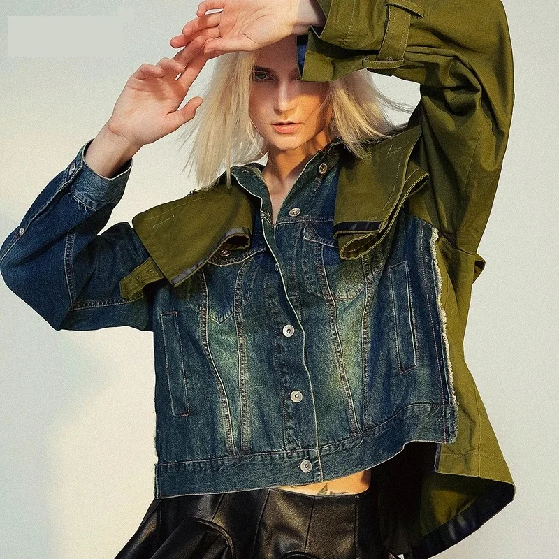 

Patchwork Denim Jackets For Women Turtleneck Long Sleeve Hit Color Loose High Street Coats Female Windbreaker 2021 New Clothing