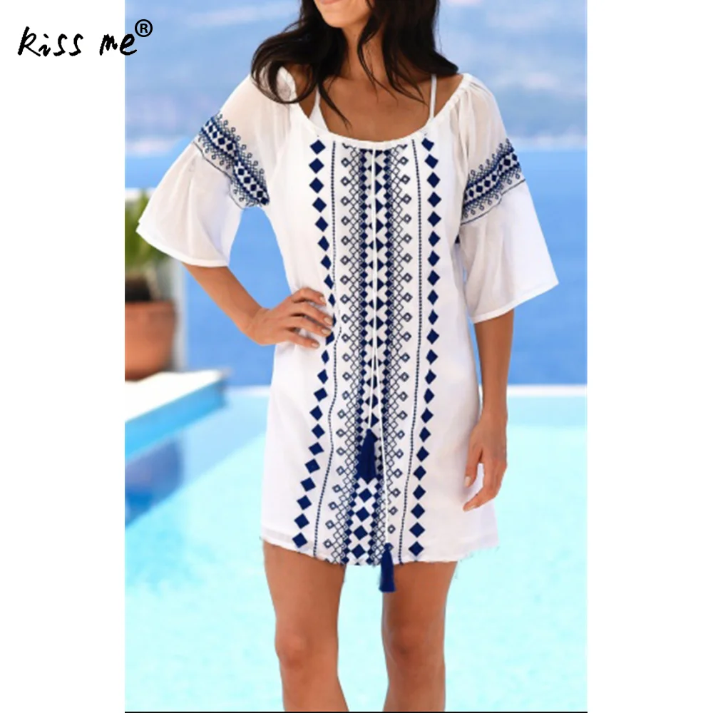 

Summer Folk Style Cotton Swimming Cover Ups Beach Wear Dress Sarong Wrap Women Short Beach Dress Tunic U Neck Short Mesh