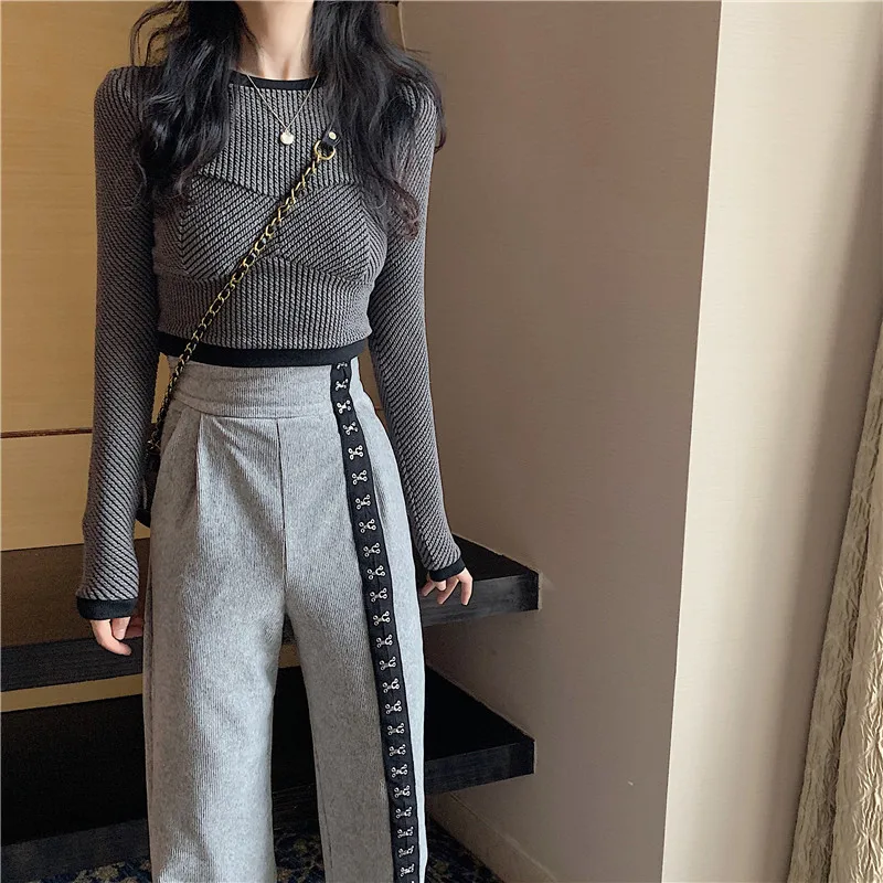 

Straight Wide Leg Trousers Female All-match Casual Solid Color Pants Women 2021 New Fall Breasted High Waist Gray Pants Popular