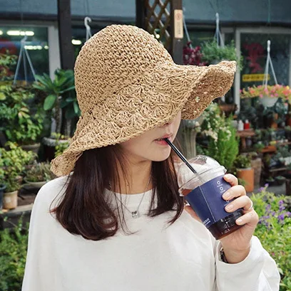 

Hand-woven web celebrity Lafite straw hat for children summer beige hollow folding sunshade sunblock travel sun beach hat