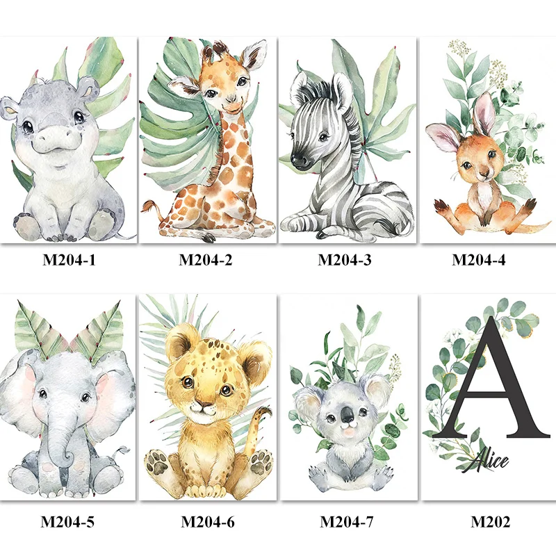 

Giraffe Zebra Elephant Lion Green Leaf Animal Wall Art Personalized Name Canvas Painting Nordic Posters and Prints for Kid Room