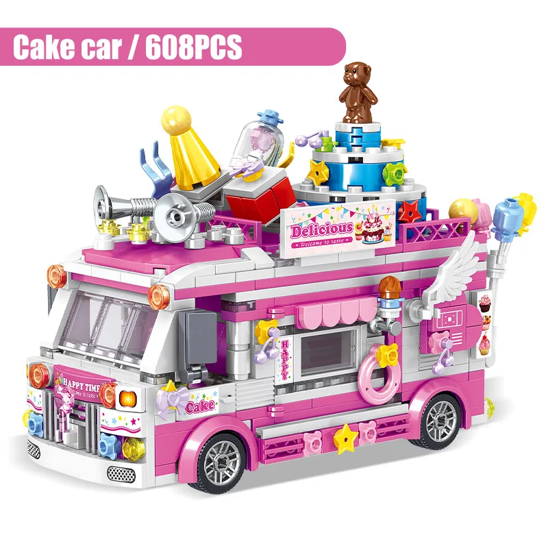 New MIni Movable Food Trucks Fruit Dessert Ice Cream Cake Sushi Burger Cars Building Blocks Stitchin Toys Girl Birthday For | Игрушки и