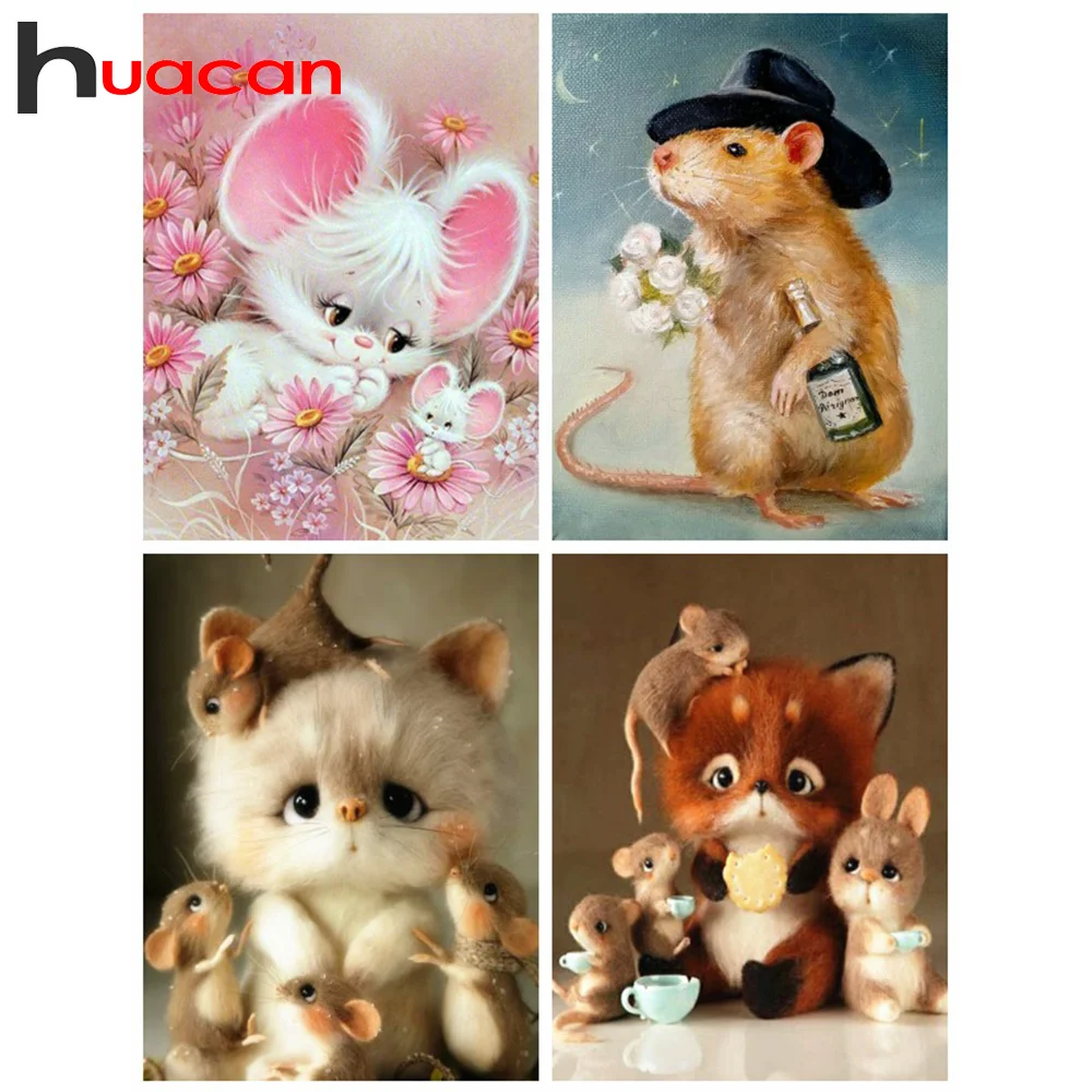 Huacan Diamond Painting Full Drill Cat Embroidery Mouse Diy Mosaic Animal Pictures With Rhinestones|Алмазная мозаика и