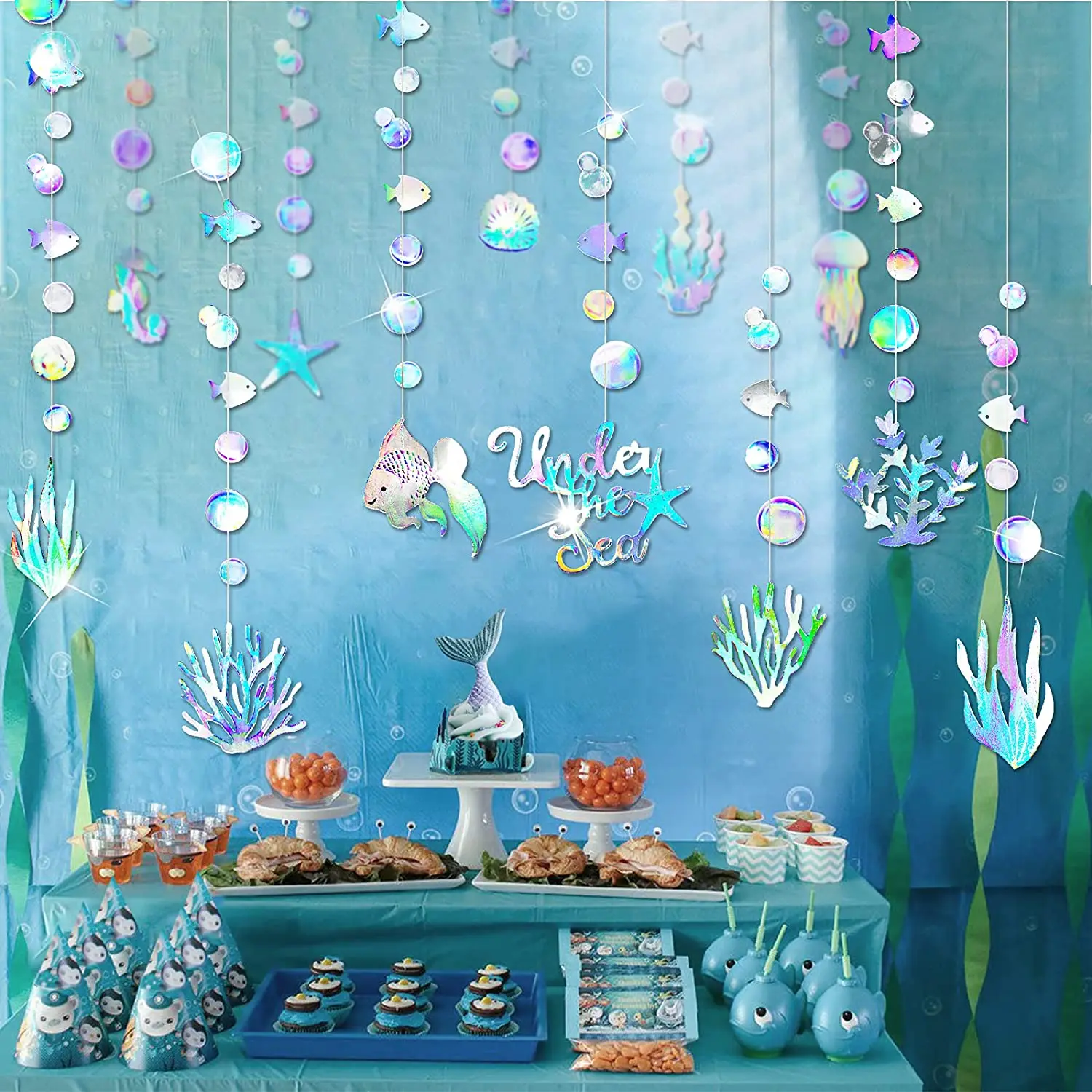 

4Pcs Iridescent Ocean Party Garlands Under The Sea Hanging Decorations Coral Starfish Fish Streamer Jellyfish Seashell Seahorse