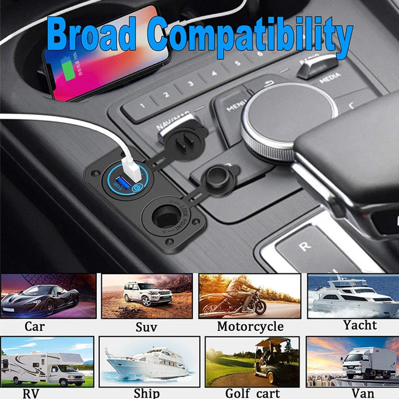 

12V 24V 200W Dual QC 3.0 USB Car Charger Socket Power Adapter Outlet Fast Car Charger with Touch Switch for Car Boat Motorcycle