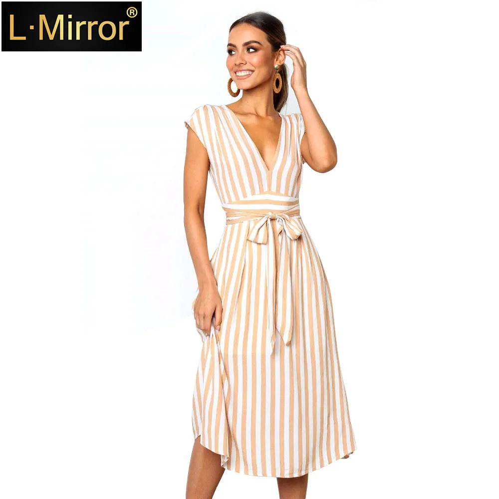 L.Mirror 1 шт женское Полосатое сексуальное платье с глубоким v-образным вырезом без