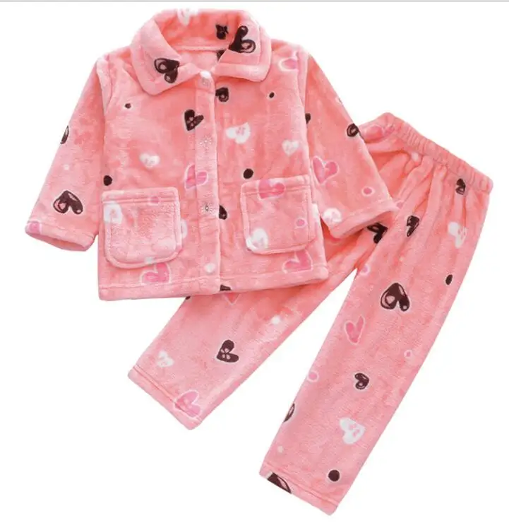 Pink Heart Pajamas Теплая зимняя Пижама; Фланелевая Пижама для детей; комплект для маленьких мальчиков и девочек; детские пижамы с рисунком; пижамы для младенцев - Цвет: Pink Heart Pajamas
