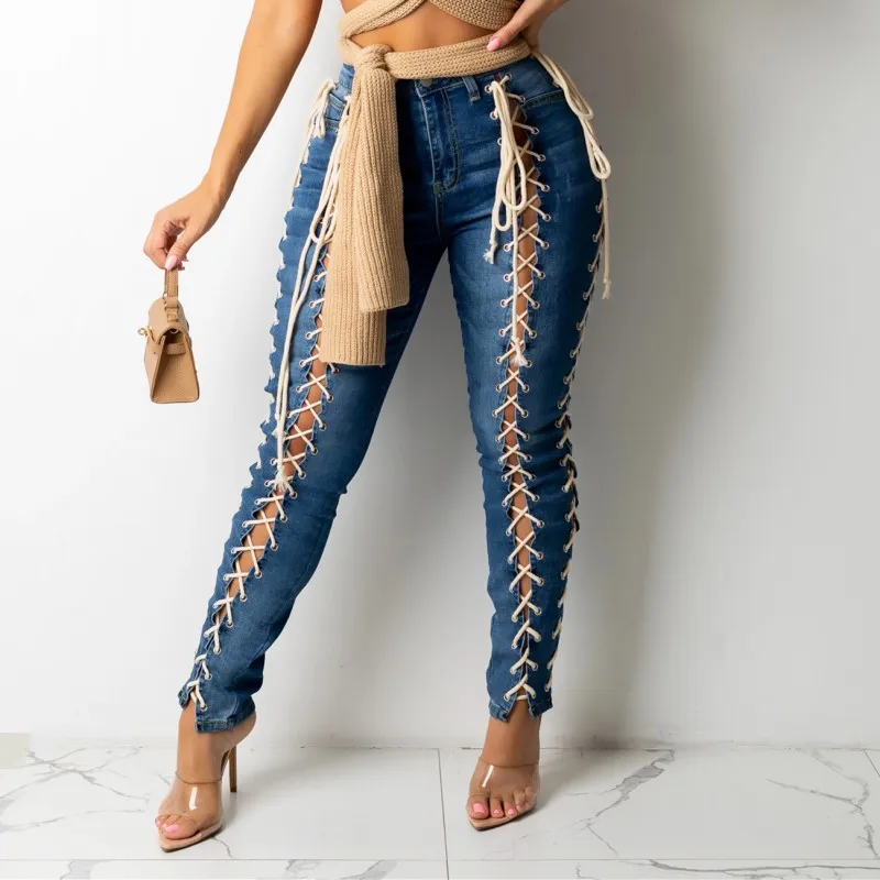 

Blue casual denim trousers Africa ripped jeans for women Autumn new style European and American drawstring feet slim trousers