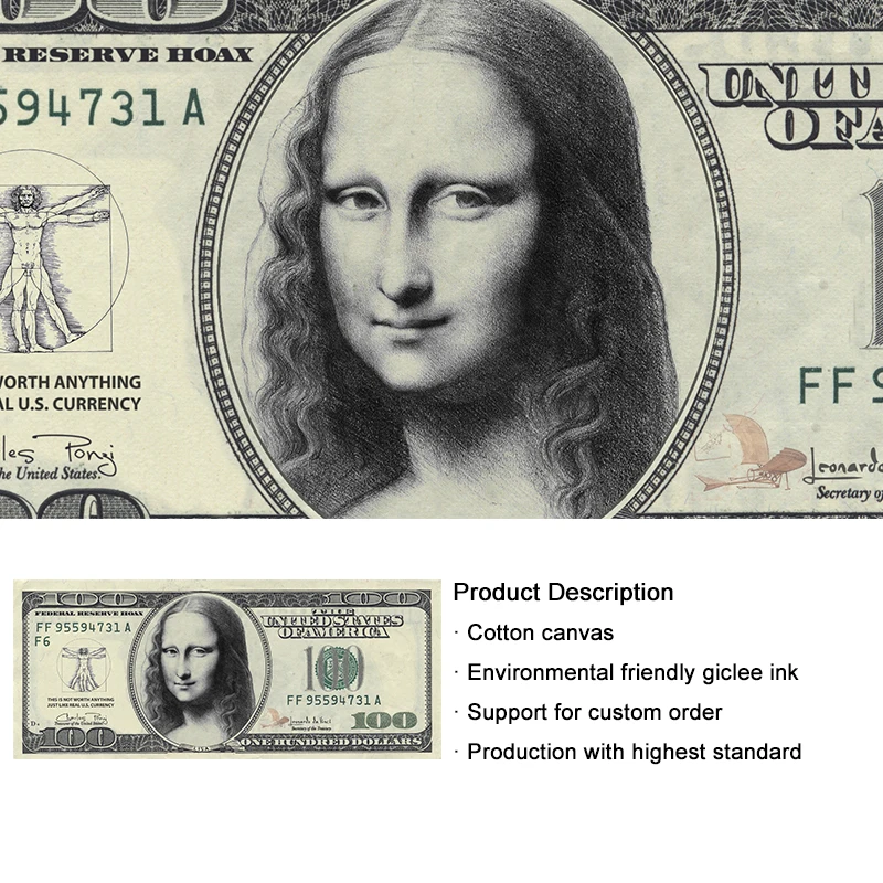 

Funny Art Mona Lisa A Hundred Dollar Bill Wall Art Pictures Canvas Paintings Posters and Prints for Living Room Decor