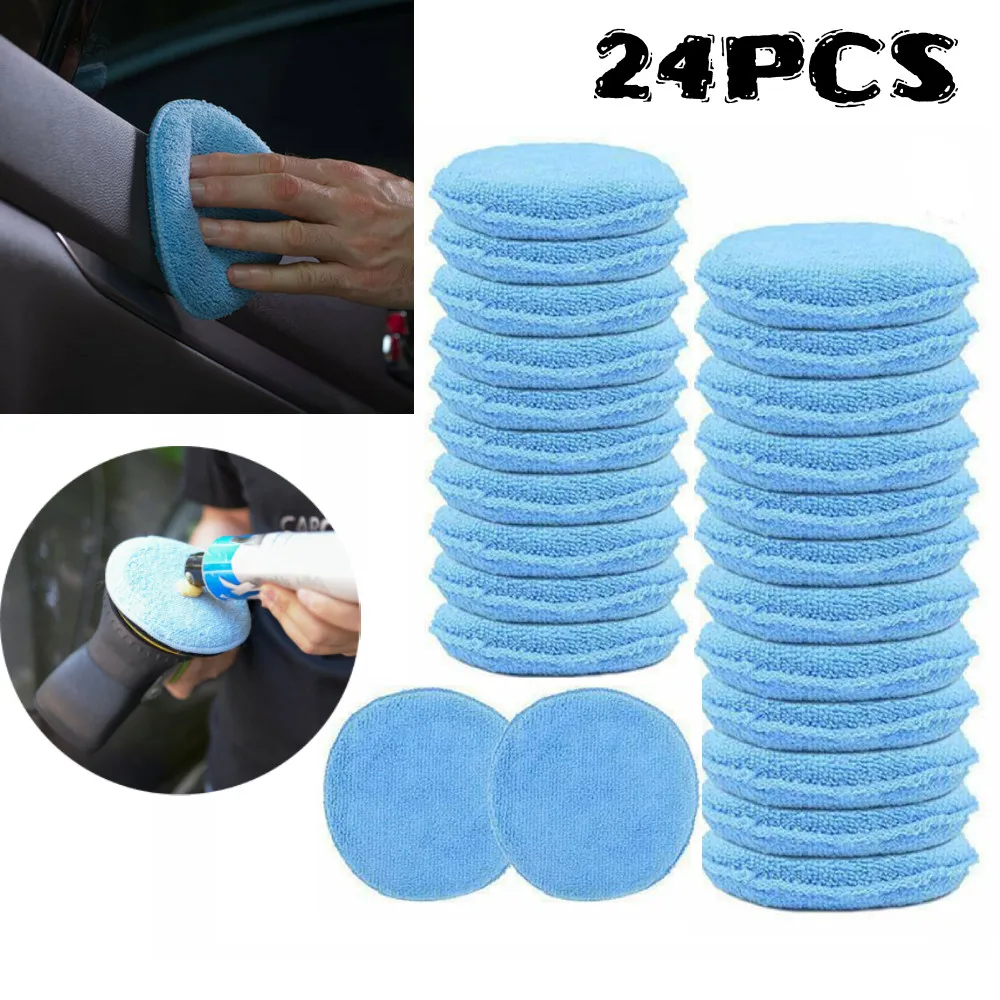 24PCS 5inch Car Waxing Sponge Blue Round Applicator Easy Cleaning Leather Polish Pad Foam Microfiber Universal Washable Reusable