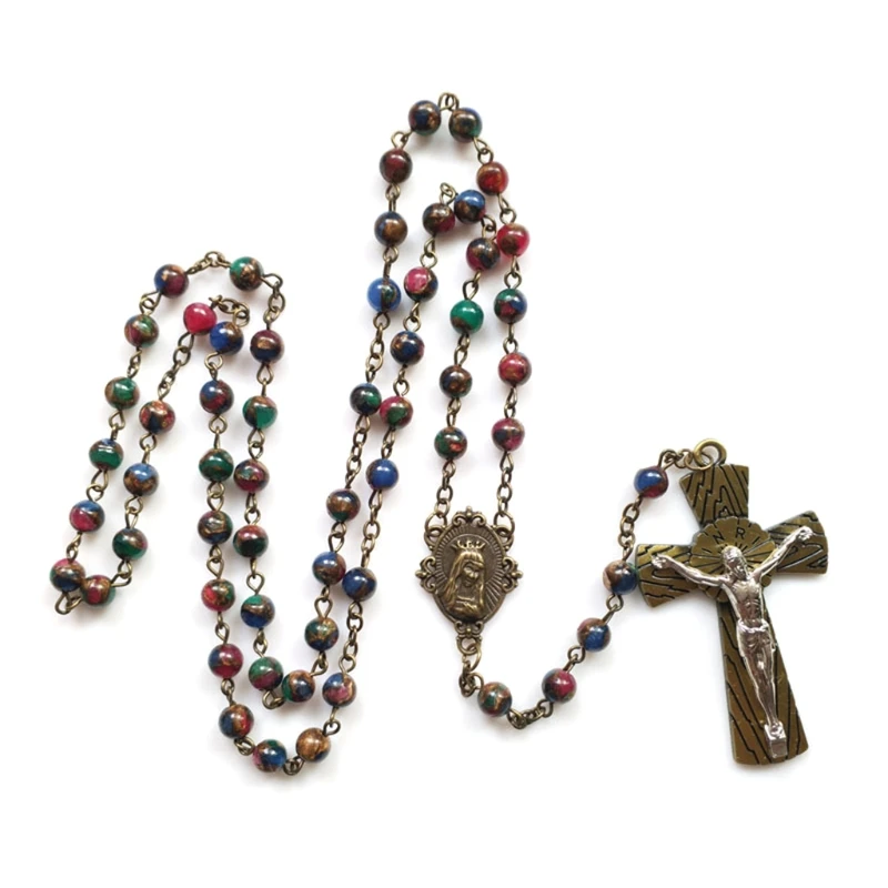 

Fashion Colorful Stone Beads Rosary Necklace Cross Pendant Religious Jesus Necklaces Men Women Jewelry