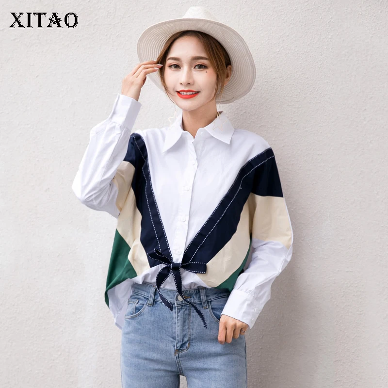 Женская рубашка с бантом XITAO повседневная прямая блузка составного кроя одной