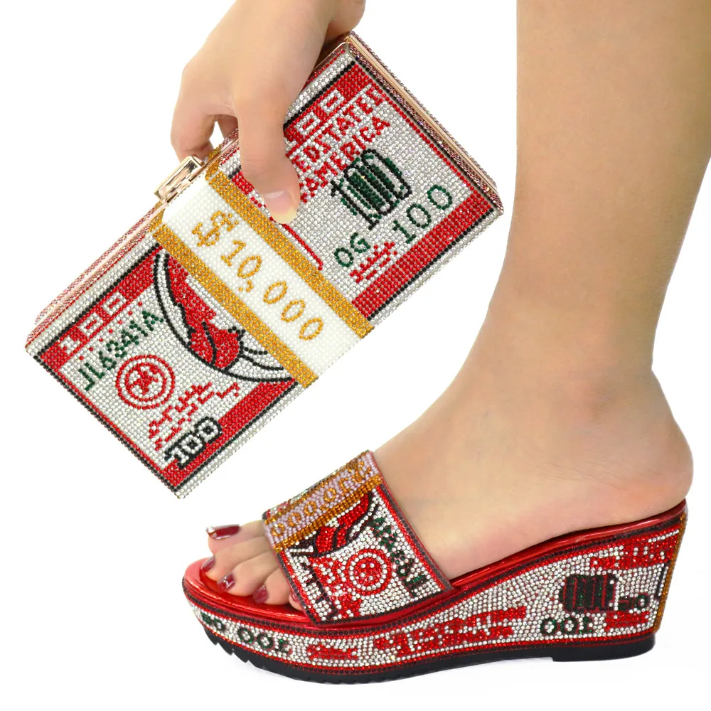 

New Red Wedge High Heels African Sandal Shoes And Bag Set Pumps Slippers With Handbag Ladies Platform Purse CR191 Height 7.5Cm