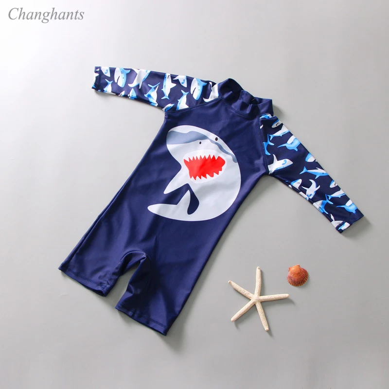 

1-6 Y Boys One Piece Swimsuit Dark Blue with Shark Pattern Baby Sunny Swimwear Sandy Beach Wear Child Bathing Suit Rash Guards