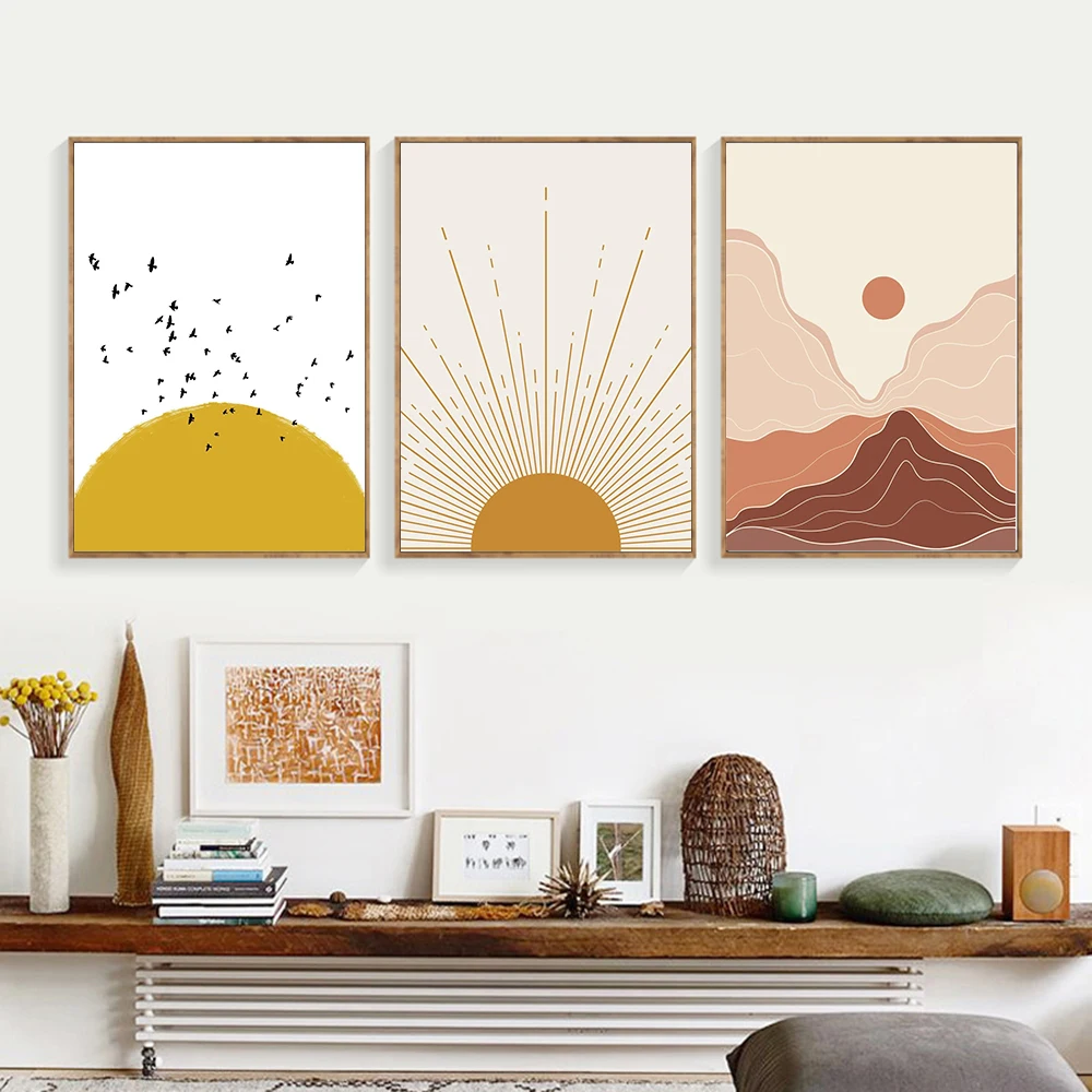 Минималистичная Картина на холсте в стиле бохо с желтым солнцем Настенная