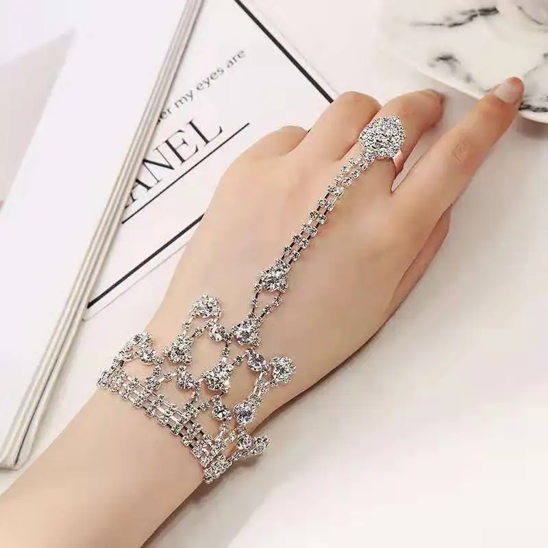 

Shining Rhinestone Woman Back of hand Chain Bracelet Latin Dance Geometry Ring Trendy Prong Setting Bride Wedding
