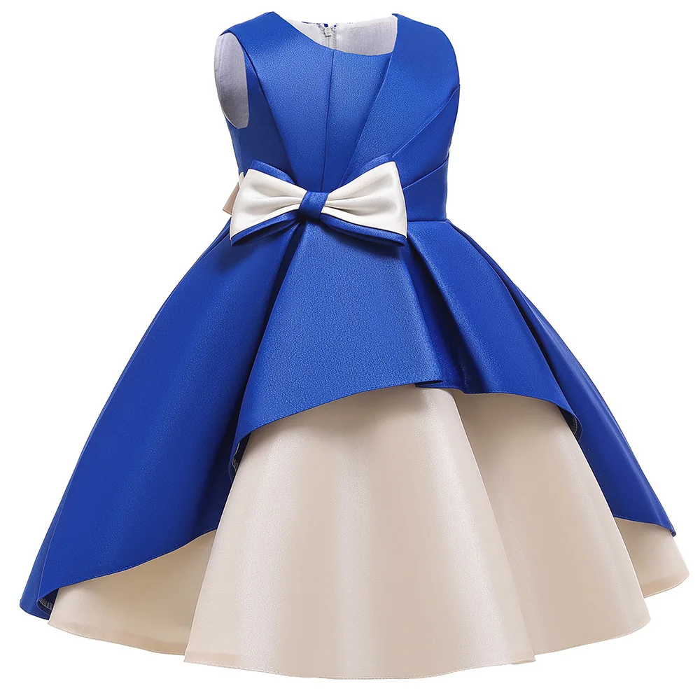 

2021 New Arrival Puffy Flower Girl Dresses For Weddings Royal Blue Satin Knee-Length Girls Pageant Dress Kids Comm