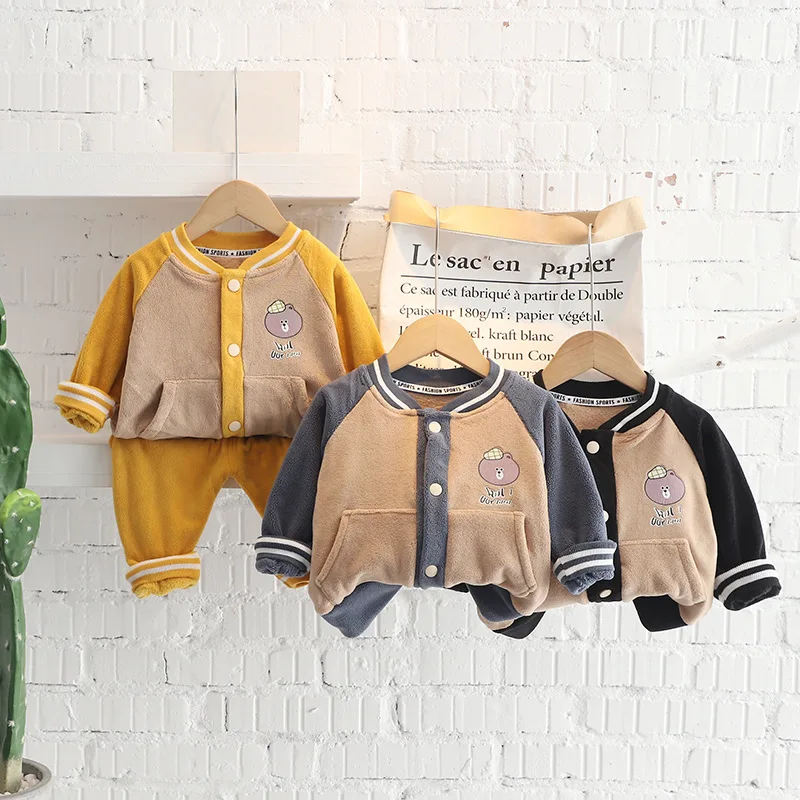 

Baby Boys Girls Clothes Set Winter Plush Velvet Padded Warm Long-sleeved Jacket Tops + Warm Pants Kids Suits