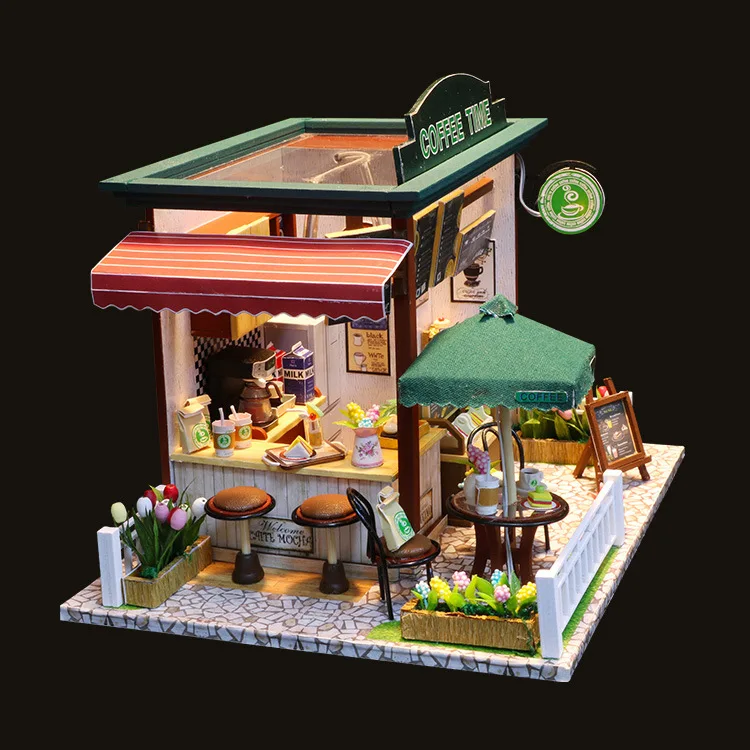 Time cafe-caba&ntilde;a de bricolaje creativa, juguete de regalo de cumplea&ntilde;os, modelo de mini tienda, decoraci&oacute;n, Escena de adorno peque&ntilde;o-1