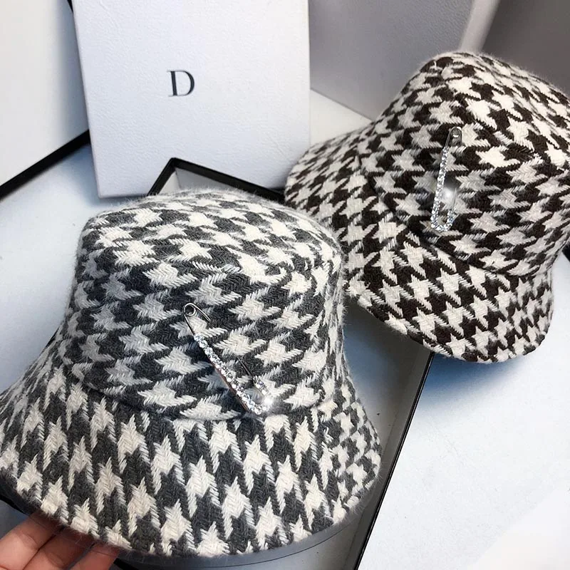 Winter Bucket Hats For Women Autumn Sun Hat Fashion Ladies Elegant Plaid Caps Rhinestone Pin Casual Houndstooth Cap