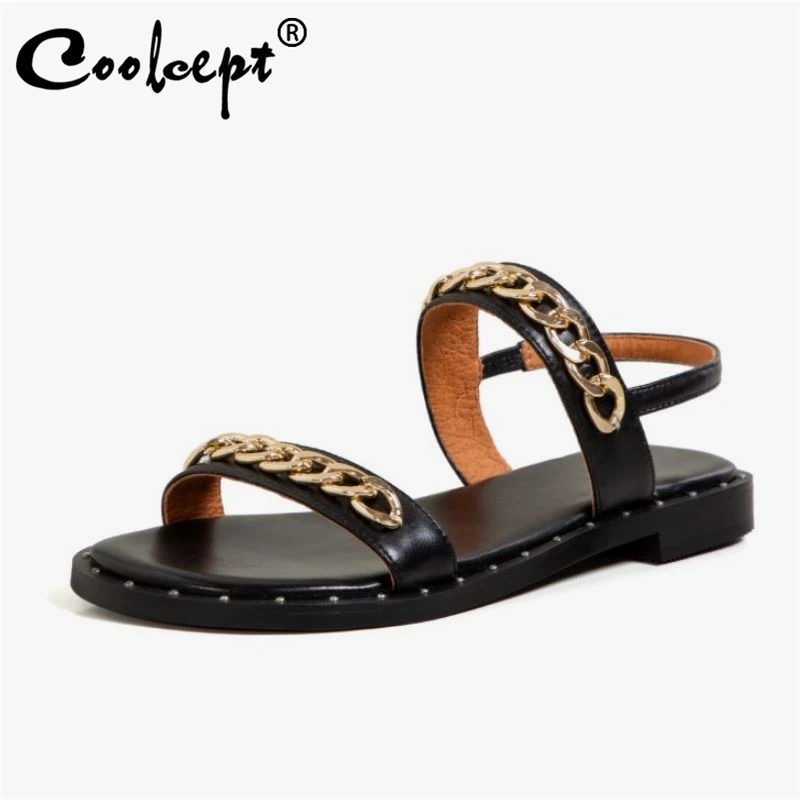 

Coolcept Real Leather Women Sandals Shoes Metal Chains Flat Heels Slip On Casual Outdoor Summer Female Footwear Size 34-40
