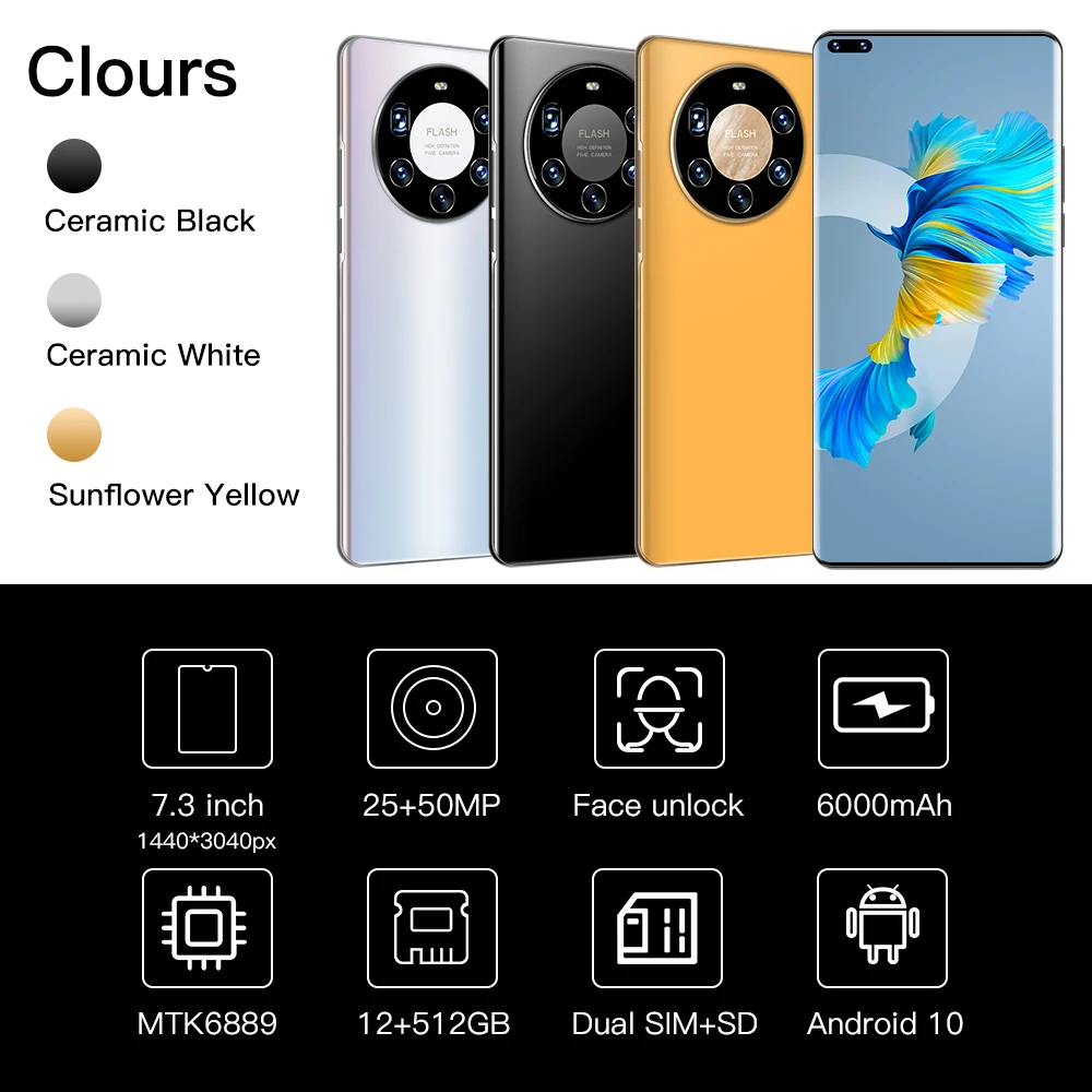 

7.3" Mate40 Pro+ 4G 5G 6000mAh Big Battery Cellphone 8/12GB RAM+256/512GB ROM MTK6889 Dual SIM Real Global Version Smartphones