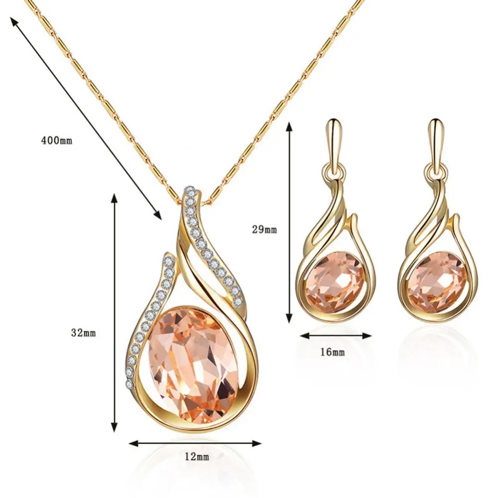 

80% Hot Sale Women Rhinestone Oval Faux Quartz Pendant Ear Stud Earrings Necklace Jewelry Set