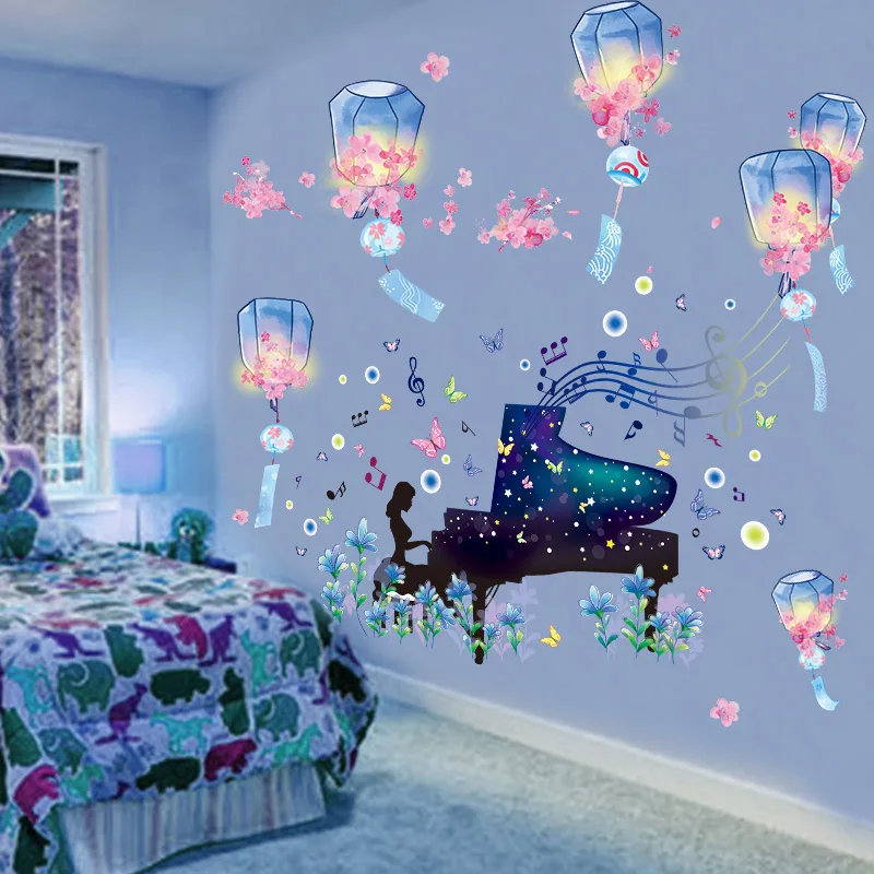 

[shijuekongjian] Kong Ming Lantern Wall Stickers DIY Girl Piano Mural Decals for Kids Room Nursery Home Decoration Accessories