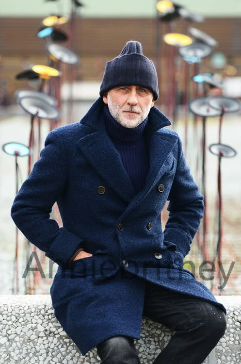 Мужской твидовый пиджак темно-синий двубортный зимний 2022