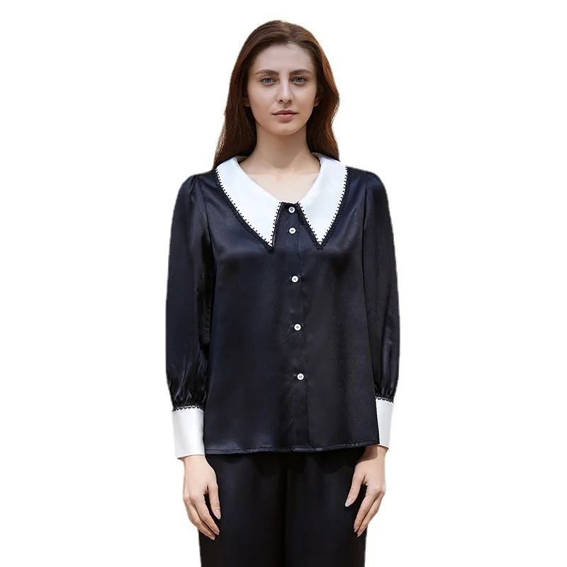 Maison Gabrielle 2021 New Luxury 100% Pure Mulberry Silk Pajamas Set 2Pcs Long Sleeve Turndown Collar Loungewear Sleepwear