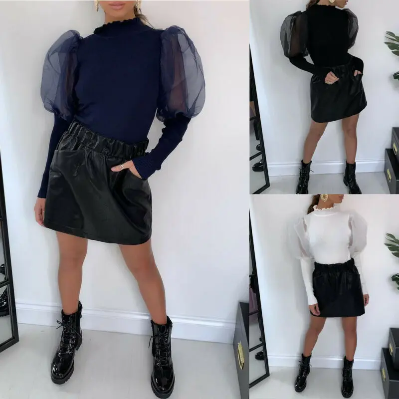 Женская сетчатая пышная Водолазка с длинным рукавом и высоким воротом