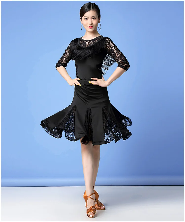 

2020 Women Dance Tassel Dress Clothes Ballroom Party Lace Dresses Stretchy Tango Fringes Latin Samba Costume