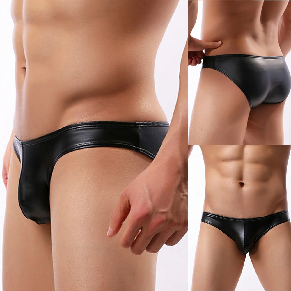 

Men's Briefs Faux Leather Jockstrap Thong Stretch Briefs Sissy Pouch Panties Underwear Black Low Waist New Male Underpants