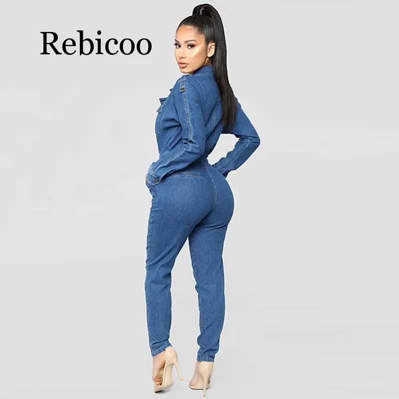 

Elegant long-sleeved women's jumpsuit jeans trousers straps tights transparent deep V-neck casual denim ladies jumpsuit