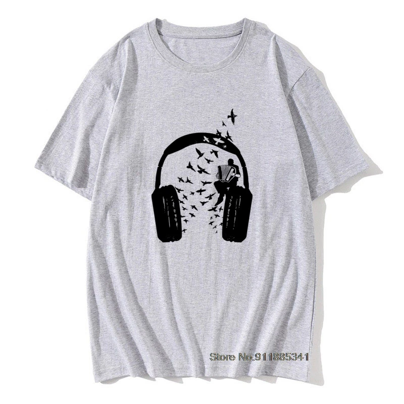 

DJ Rock Headphone & Accordion Music T Shirts College Student Tshirt Men Short Sleeve Loose Natural Cotton Tops Tees Summer