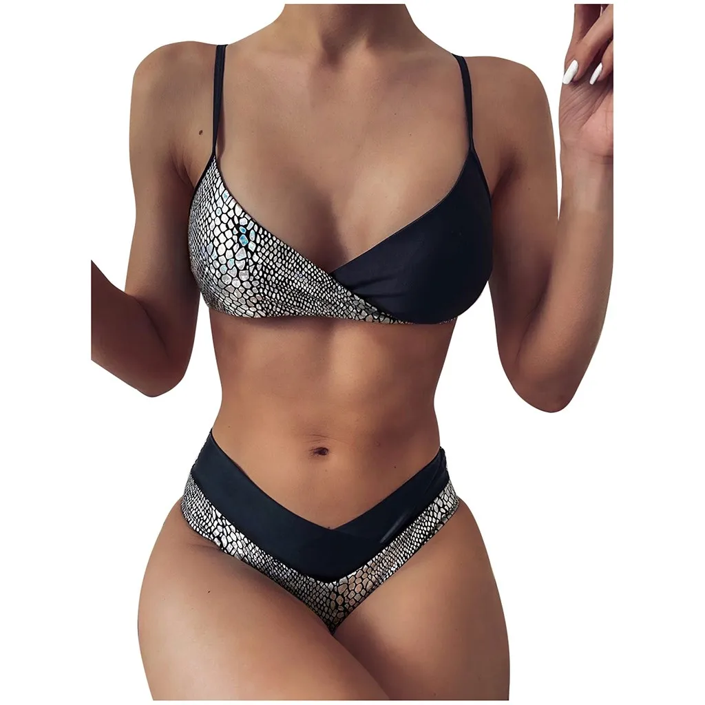 Sexy Thong Bikini Set Bikinis Womens Stone Printing Bronzing Swim Patchwork High Waist Swimsuit Push Up Bikin | Женская одежда