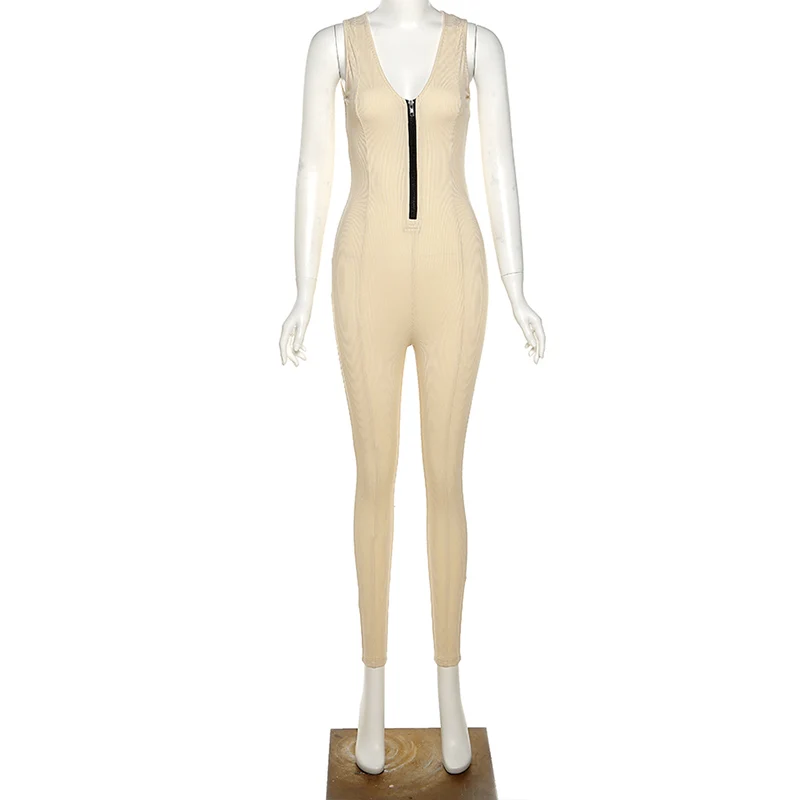 

LVINMW Ribbing Front Zipper Fly Casual Stretchy Slim Sleeveless Women Rompers Low Cut Chic Skinny Solid Jumpsuits Streetwear