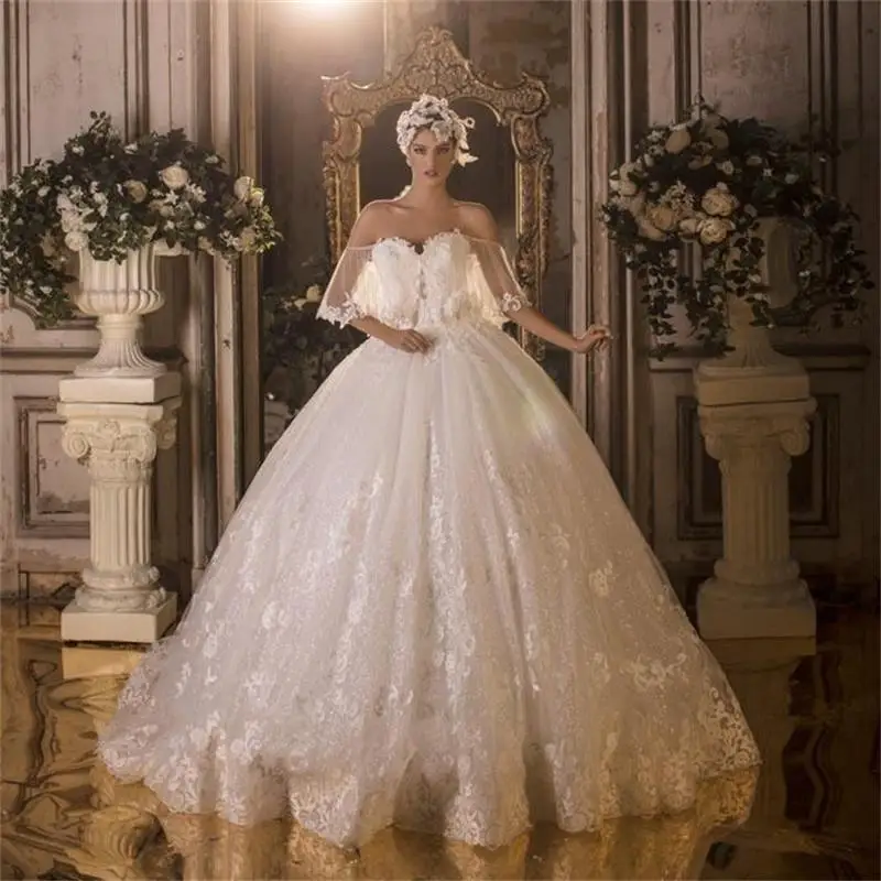 

2021 Gorgeous Lace Wedding Gowns Princess Off The Shoulder Appliques Puffy Bride Dresses Dubai Arabic Vestidos De Novia