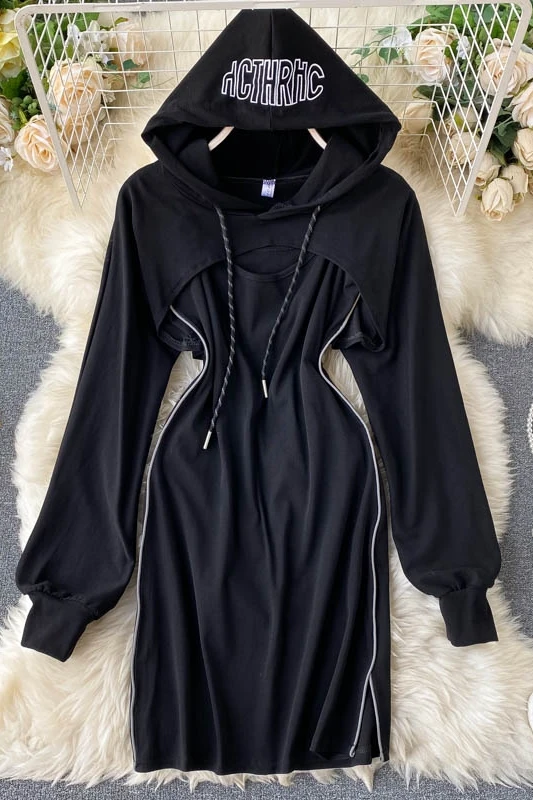 

outfits for women 2020 autumn clothes lounge wear long sleeve crop top hoodies and black sleeveless mini dress two piece set