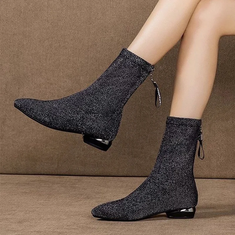 

Comfy Glitter Boots Women Low Heel Shoes Pointed Toe Ladies Heeled Sock Boots With Zipper Black Shiny Woman Booties Plus Size 42