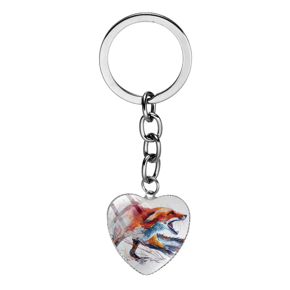 

Cute Fox Love Heart Shape Glass Dome Key Chain Animal Head Fox Pendant Keychain Handbag Car Key Ring Art Gift Jewelry
