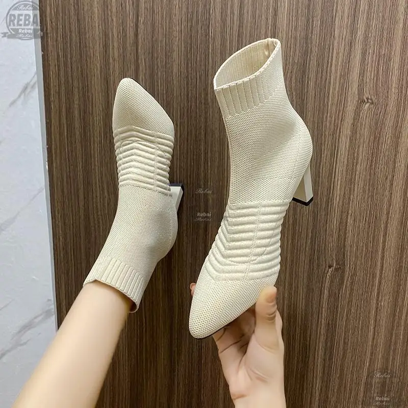 

Heels Socks Boots Women Stretch Fabric Elastic Stilettos Heel Pointed Toe Ankle Shoes Woman Boats Chelsea Boots Women Heel Boots