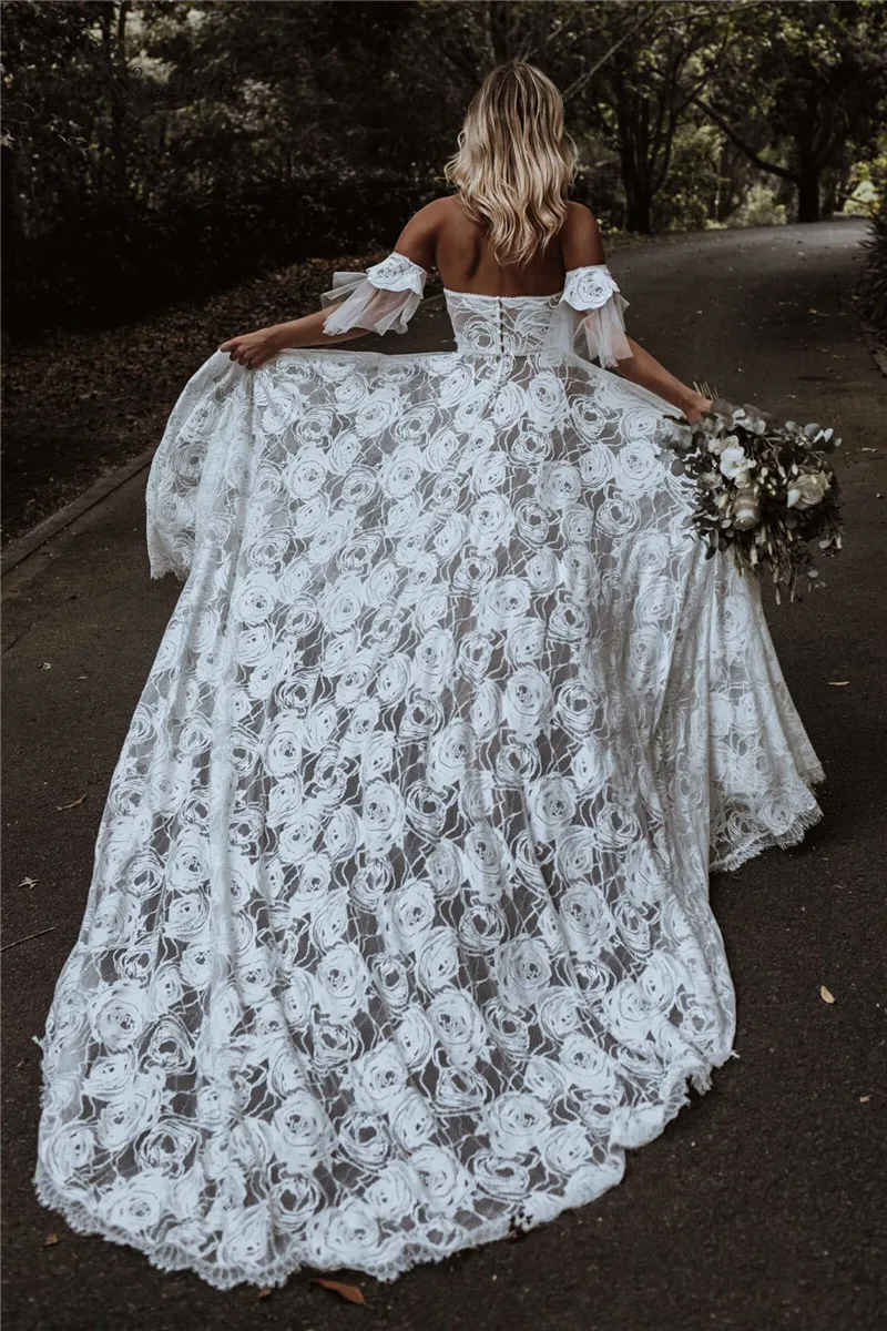 Кружевные свадебные платья Boho без бретелек с отстежными рукавами в богемном