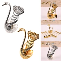 decorative swan base holder with 6 spoons for coffee fruit dessert stirring mixing stainless steel creative dinnerware set